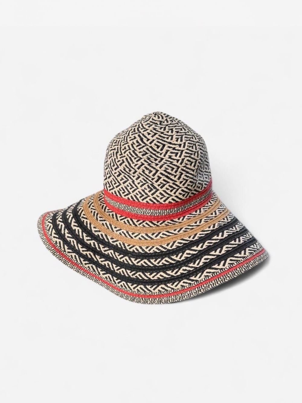 Patterned Wide-Brim Straw Sun Hat with Red Trim